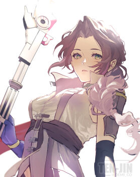 1girl aerith_gainsborough artist_name black_gloves blue_gloves braid breasts brown_hair colored_tips cosplay demi_co elbow_gloves final_fantasy final_fantasy_vii final_fantasy_vii_ever_crisis fingerless_gloves gloves green_eyes hair_over_shoulder highres holding holding_weapon lightning_farron lightning_farron_(cosplay) long_hair medium_breasts multicolored_hair official_alternate_costume parted_bangs parted_lips pink_hair popped_collar single_braid single_elbow_glove single_shoulder_pad solo twitter_username veil weapon white_background white_veil