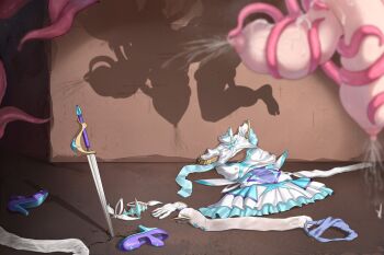 1girl breasts dress grabbing_another's_breast groping highres implied_nudity lactation large_breasts nipples original panties restrained satou_kuuki second-party_source shadow shoes solo suspension sword tentacles underwear unworn_clothes unworn_dress unworn_panties unworn_shoes weapon