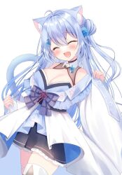 Rule 34 | 1girl, :d, ahoge, animal ear fluff, animal ears, blue hair, blush, bow, breasts, cat ears, cat girl, cat tail, choker, cleavage, closed eyes, detached collar, hair between eyes, hamico, highres, large breasts, long hair, open mouth, original, plaid, plaid bow, smile, solo, tail, white background