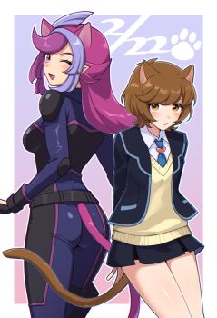 Rule 34 | 2girls, ;d, animal ears, arms behind back, ass, back-to-back, belt, bessho emma, biker clothes, bikesuit, black belt, black bodysuit, black jacket, black skirt, blue necktie, blush, bodysuit, brown eyes, brown hair, cat day, cat ears, cat girl, cat tail, collared shirt, commentary request, dated, highres, jacket, long hair, long sleeves, looking at viewer, miniskirt, multicolored hair, multiple girls, necktie, one eye closed, open clothes, open jacket, open mouth, pink eyes, pink hair, purple hair, school uniform, shirt, short hair, skirt, smile, sweater vest, tail, two-tone hair, white shirt, yakishio (yakishioman), yu-gi-oh!, yu-gi-oh! vrains, zaizen aoi