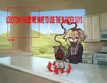 1girl artist_name black_sweater blender_(object) blonde_hair blood blood_in_hair blue_sky brain english_text exposed_brain guro hair_between_eyes hair_flaps highres iewa kitchen long_sleeves nosebleed plaid_clothes plaid_sweater_vest plaid_vest purple_sweater_vest purple_vest short_hair sidelocks sky solo sweater sweater_vest upper_body urotsuki vest weirdcore wind_turbine windmill yume_2kki