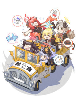 5girls akaimame akari_(blue_archive) blue_archive commentary_request demon_girl demon_horns english_text food fork fuuka_(blue_archive) gourmet_research_society_(blue_archive) halo haruna_(blue_archive) highres horns izumi_(blue_archive) junko_(blue_archive) knife motor_vehicle multiple_girls plate popcorn speech_bubble steak truck
