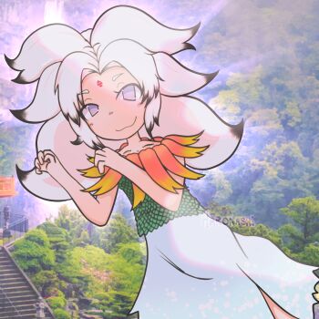 Rule 34 | 1girl, blue skirt, blue sky, fluffy hair, haronashi, highres, houjuu chimi, leaf shirt, no nose, photo background, purple eyes, skirt, sky, touhou, white hair