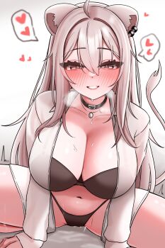 1girl absurdres ahoge alternate_costume animal_ears black_bra black_choker black_panties bra breasts choker cleavage closed_mouth commentary_request heart highres hololive large_breasts lion_ears lion_girl lion_tail looking_at_viewer panties ruo1001 shirt shishiro_botan sidelocks smile solo spoken_heart tail underwear virtual_youtuber white_shirt