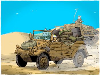 blue_sky cannon combat_helmet day desert drum_(container) helmet highres hill kubelwagen military_jeep military_vehicle motor_vehicle original panzer_iii sand sand_dune shovel sky spare_tire stahlhelm tank unused_tire vehicle_focus yabarn
