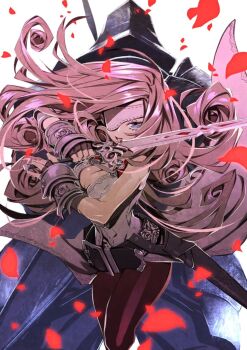 1boy 1girl adelbert_steiner armor back-to-back beatrix blue_eyes breasts brown_hair cleavage eyepatch fighting_stance final_fantasy final_fantasy_ix hat miwa_shirow petals rose_petals save_the_queen sheath sword vambraces wavy_hair weapon