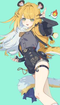 1girl absurdres animal_ears aqua_background awe_(adorableduckyy) black_shorts blonde_hair breasts colored_inner_hair green_eyes grey_shrug hand_up high-waist_shorts highres jacket ju_fufu long_hair looking_at_viewer multicolored_hair open_mouth shorts shrug_(clothing) small_breasts smile solo tail thigh_strap white_hair yellow_jacket zenless_zone_zero