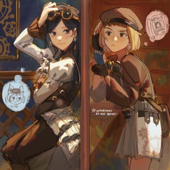 2girls :< alternate_costume animal_ears artist_name blonde_hair blue_eyes blue_hair blunt_bangs blush brown_gloves brown_jacket brown_pants cat_ears dress earrings english_text fingerless_gloves frilled_dress frilled_sleeves frills gloves goggles goggles_on_head hand_on_own_ear hand_on_own_head hat highres holding holding_notepad jacket jewelry long_hair mezato_ichi mob_psycho_100 multiple_girls newspaper notepad painting_(object) pants short_hair sidelocks skirt smile speech_bubble split_screen steampunk takane_tsubomi tasalisay thought_bubble white_skirt