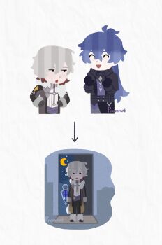 angry_boss_with_happy_family_irasutoyas_(meme) black_coat black_gloves blue_fire blue_hair coat collared_coat crossed_bangs fire flins_(genshin_impact) fur-trimmed_coat fur_trim genshin_impact gloves gradient_hair grey_hair hair_between_eyes hashtag-only_commentary highres illuga_(genshin_impact) lantern long_hair long_sleeves male_focus meme mole mole_under_eye multicolored_hair promiset15 short_hair simple_background standing sweater turtleneck turtleneck_sweater white_background