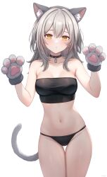 Rule 34 | 1girl, absurdres, animal ears, animal hands, bandeau, bare arms, bare shoulders, black bandeau, black choker, black panties, black tube top, blush, breasts, cat ears, cat paws, cat tail, choker, collarbone, commentary, cowboy shot, crop top, english commentary, fake animal ears, fake tail, gloves, grey hair, grey hairband, hair between eyes, hairband, hands up, highres, honkai: star rail, honkai (series), long hair, looking at viewer, medium breasts, midriff, narijade, navel, no pants, panties, parted lips, paw gloves, paw pose, simple background, skindentation, solo, standing, stelle (honkai: star rail), stomach, strapless, string panties, tail, tail raised, taut bandeau, taut clothes, thigh gap, thighs, trailblazer (honkai: star rail), tube top, underwear, upper body, white background, white hair, yellow eyes