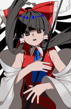 1girl 950magi618 absurdres ascot bare_shoulders black_eyes black_hair blue_ascot blunt_bangs bow commentary_request detached_sleeves frilled_bow frills gohei hair_bow hair_tubes hakurei_reimu highres holding holding_gohei long_hair looking_at_viewer parted_lips red_bow red_shirt red_skirt shirt skirt skirt_set sleeveless sleeveless_shirt solo teeth touhou upper_body upper_teeth_only