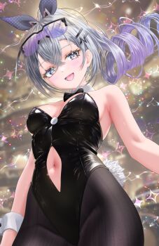 1girl absurdres bare_shoulders black_leotard black_pantyhose bow bowtie breasts clothing_cutout cowboy_shot detached_collar fake_tail goggles goggles_on_head gradient_hair grey_eyes grey_hair hair_ribbon highleg highleg_leotard highres honkai:_star_rail honkai_(series) leotard long_hair looking_at_viewer medium_breasts multicolored_hair nanaki24 navel navel_cutout nontraditional_playboy_bunny open_mouth pantyhose ponytail purple_hair rabbit_tail ribbon silver_wolf_(honkai:_star_rail) smile solo strapless strapless_leotard tail wrist_cuffs