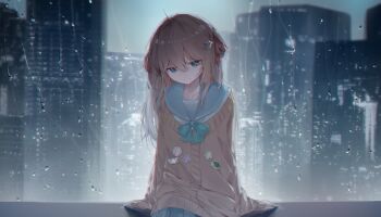 Rule 34 | 1girl, absurdres, aqua bow, aqua bowtie, arm support, blue eyes, blue sailor collar, blue skirt, bow, bowtie, brown hair, cardigan, city, closed mouth, commentary, english commentary, hair between eyes, hair ornament, hair ribbon, heart, heart hair ornament, highres, long hair, long sleeves, mizuo02o, neuro-sama, night, pleated skirt, rain, red ribbon, ribbon, sailor collar, sitting, skirt, smile, solo, two side up, upper body, vedal ai, virtual youtuber, yellow cardigan