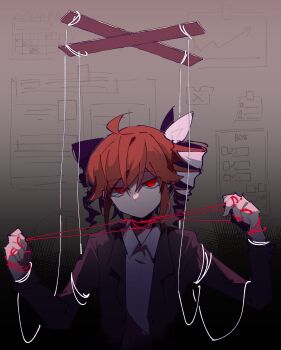 1girl absurdres ahoge black_jacket bow collared_shirt control_bar drill_hair hair_bow hataraite_mo_(synthesizer_v) highres holding holding_string jacket jiu_(jiu076) kasane_teto kasane_teto_(sv) long_sleeves looking_at_viewer no_mouth puppet_strings red_eyes red_hair shaded_face shirt short_hair solo string synthesizer_v twin_drills upper_body utau white_shirt