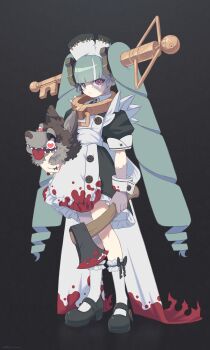 +_+ 1girl alternate_costume anocco apron aqua_hair axe black_background black_dress black_shoes blood blood_on_clothes bloody_weapon blue_eyes blunt_bangs closed_mouth decapitation dress drill_hair enmaided frilled_dress frilled_socks frills full_body gear_hair_ornament hat hatchet_(axe) hatsune_miku heterochromia highres holding holding_axe key_hair_ornament maid maid_apron mary_janes multicolored_hair nurse_cap pout puffy_short_sleeves puffy_sleeves purple_eyes shoes short_sleeves simple_background socks solo standing stitched_arm stitched_face stitches streaked_hair teardrop twin_drills vocaloid weapon white_apron white_socks white_wrist_cuffs wolf wrist_cuffs