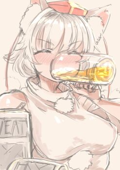1girl alcohol animal_ear_fluff animal_ears beer beer_can beer_mug blush breasts can closed_eyes commentary_request cup detached_sleeves drink_can drinking english_text hat highres holding holding_cup inubashiri_momiji large_breasts mug nose_blush pom_pom_(clothes) red_hat shirt short_hair simple_background solo tokin_hat touhou v-shaped_eyebrows white_hair white_shirt wolf_ears wolf_girl yellow_background yoyoiro_(sysi20)