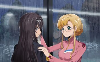 2girls artist_request black_hair black_jacket blue_eyes breasts clarice_garfield closed_mouth code_geass code_geass:_lost_stories game_cg glass highres jacket large_breasts long_hair maya_disel military_uniform multiple_girls non-web_source official_art pink_shirt shirt sidelocks smile