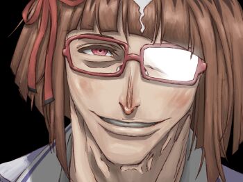 1girl brown_hair commentary english_commentary glasses grey_hair hair_ribbon half-closed_eye highres kubo_tite_(style) lips looking_at_viewer medium_hair multicolored_hair nose opaque_glasses parody parted_lips partially_opaque_glasses red-framed_eyewear red_eyes red_ribbon ribbon solo straight-on style_parody transcend_(umamusume) two-tone_hair umamusume wkfpclskdi