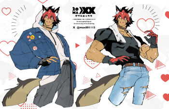 Rule 34 | 1boy, alternate costume, animal ear fluff, animal ears, belt, black gloves, black hair, black shirt, blue jacket, blue pants, collar, commentary request, crossed bangs, dog boy, dog ears, dog tail, fingerless gloves, gloves, grey background, hair between eyes, hand up, heart, hood, hood up, hoodie, jacket, komano manato, looking to the side, male focus, max801115, multicolored hair, multiple scars, multiple views, muscular, muscular male, open mouth, pants, pectorals, red eyes, red gloves, red hair, scar, scar across eye, scar on arm, scar on chest, scar on face, shirt, short hair, tail, torn clothes, torn pants, twitter username, two-tone background, v-shaped eyebrows, white background, white hoodie, zenless zone zero