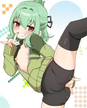 1boy bike_shorts black_shorts black_thighhighs bulge crossdressing crossdressing_(mtf) green_hair green_jacket grin highres jacket koonowen leg_up looking_at_viewer male_focus nipples otori_tan parted_lips red_eyes seitokai_ni_mo_ana_wa_aru! short_hair short_shorts shorts shota smile solo standing standing_on_one_leg teeth thighhighs trap