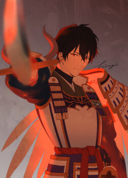 1boy armor black_hair dou fate/samurai_remnant fate_(series) grey_background hiiragi_(karashriker) holding holding_sword holding_weapon japanese_armor japanese_clothes kimono kusazuri long_sleeves male_focus pointing_melee_weapon pointing_sword red_eyes rogue_saber_(fate/samurai_remnant) samurai short_hair shoulder_armor simple_background single_sode sode solo spoilers sword upper_body weapon