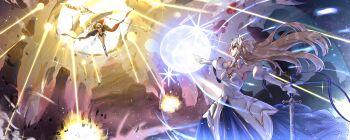 Rule 34 | 2girls, absurdres, antenna hair, archetype earth, arcueid brunestud, black cape, black footwear, black headwear, blonde hair, boots, breasts, cape, cleavage, closed mouth, commentary, crossover, detached collar, detached sleeves, dress, ebora, energy beam, english commentary, epic, eyepatch, fate/grand order, fate (series), fighting, floating hair, flying, full moon, gloves, green eyes, gungnir (toaru), hat, highres, holding, holding polearm, holding sword, holding weapon, knee boots, large breasts, long hair, moon, multicolored dress, multiple girls, navel, othinus, outstretched arms, polearm, red eyes, revealing clothes, smile, sparkle, sword, toaru majutsu no index, toaru majutsu no index: new testament, tsukihime, weapon, white dress, white gloves, white sleeves, witch hat