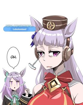 2girls absurdres animal_ears bare_shoulders black_dress blank_stare blood blue_bow blunt_bangs bow bowtie breasts brown_hat commentary docileart dress drooling english_commentary gameplay_mechanics gold_ship_(red_strife)_(umamusume) gold_ship_(umamusume) green_bow hair_bow hammer hat highres holding holding_hammer horse_ears horse_girl jitome large_breasts lobotomy long_hair long_sleeves looking_at_viewer mejiro_mcqueen_(frontline_elegance)_(umamusume) mejiro_mcqueen_(umamusume) multiple_girls open_mouth parted_bangs pillbox_hat purple_eyes purple_hair raised_eyebrows red_bow red_bowtie red_dress saliva signature simple_background speech_bubble umamusume upper_body wall-eyed white_background