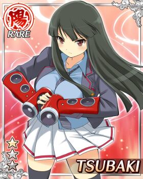 1girl between_breasts black_hair black_jacket black_necktie blue_shirt border breasts card_(medium) character_name diagonal-striped_clothes diagonal-striped_necktie english_text fist_in_hand game_cg gauntlets hime_cut jacket large_breasts light_frown long_hair looking_at_viewer necktie necktie_between_breasts official_alternate_costume official_art open_clothes open_jacket pleated_skirt red_eyes school_uniform senran_kagura senran_kagura_new_wave shirt skirt solo speaker striped_clothes tsubaki_(senran_kagura) weaponized_instrument white_skirt wind wind_lift