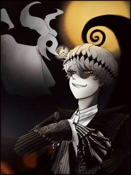 2boys anomarokarisu_don black_crown crown diamond_hairband formal_clothes gloves highres jacket long_sleeves looking_at_viewer male_focus missing_tooth moon multiple_boys pinstripe_jacket pinstripe_pattern pinstripe_suit pinstripe_vest short_hair skeleton_print skully_j._graves smile striped_clothes striped_jacket striped_vest suit sunglasses the_nightmare_before_christmas twisted_wonderland vertical-striped_clothes vertical-striped_vest vest white_hair zero_(nbc)