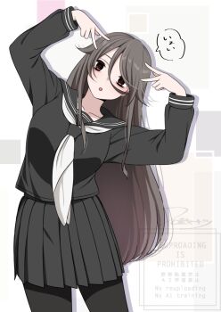 1girl bags_under_eyes black_pantyhose black_sailor_collar black_serafuku black_shirt black_skirt brown_hair commentary_request cowboy_shot highres ikari_manatsu kurai_ano_ko_to_shitai_koto leaning_to_the_side long_hair long_sleeves looking_at_viewer neckerchief open_mouth pantyhose pleated_skirt red_eyes sailor_collar sasaki_touko school_uniform serafuku shirt skirt solo speech_bubble watermark white_background white_neckerchief