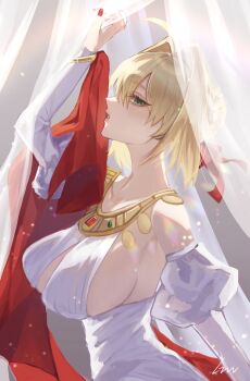 1girl alternate_costume arm_up bare_shoulders breasts cape commentary_request detached_sleeves dress fate/grand_order fate_(series) gnu36 green_eyes hair_intakes highres large_breasts looking_to_the_side nero_claudius_(fate) nero_claudius_(formal_dress)_(fate) open_mouth red_cape red_nails red_ribbon ribbon sideboob signature solo white_dress