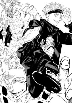 5boys bandaged_arm bandaged_wrist bandages black_jacket black_pants blindfold blindfold_lift claw_(weapon) commentary_request extra_eyes facial_mark fighting_stance fingernails gojou_satoru greyscale head_wings highres itadori_yuuji jacket jujutsu_kaisen jujutsu_tech_uniform mahoraga_(jujutsu_kaisen) male_focus monochrome multiple_boys muscular muscular_male nanami_kento open_mouth pants parted_lips round_eyewear ryoumen_sukuna_(jujutsu_kaisen) ryoumen_sukuna_(true_form)_(jujutsu_kaisen) sharp_fingernails short_hair smile sukesukeburger sword_of_extermination weapon white_background wings wings_as_eyes
