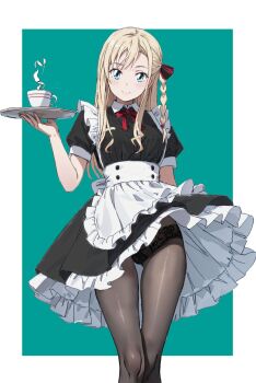 1girl alternate_costume apron black_panties black_shirt black_skirt blonde_hair braid clothes_lift collared_shirt commentary_request dress dress_lift enmaided feet_out_of_frame frilled_apron frills green_eyes high-waist_skirt high_school_fleet highres long_hair maid one_side_up panties panties_under_pantyhose pantyhose shirt single_braid skirt solo tamura_ten underwear waitress white_apron wilhelmina_braunschweig_ingenohl_friedeburg wind wind_lift