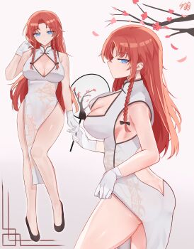 1girl armpit_peek blue_eyes breasts china_dress chinese_clothes commentary dress falling_petals hand_fan highres holding holding_fan hong_meiling long_hair multiple_views paraselene petals red_hair sideboob solo symbol-only_commentary thighs touhou very_long_hair white_background white_dress