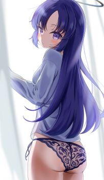 1girl absurdres alternate_hairstyle ass blue_archive commentary_request cowboy_shot from_behind hair_down halo highres lingerie long_hair long_sleeves looking_at_viewer looking_back no_pants panda_90321 panties purple_eyes purple_hair see-through_clothes shirt solo standing underwear white_shirt yuuka_(blue_archive)