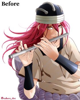 1girl black_hat collarbone commentary_request flute hat highres holding holding_flute holding_instrument instrument long_hair music naruto_(classic) naruto_(series) playing_instrument red_hair saburo_des simple_background solo tayuya_(naruto) white_background yellow_eyes