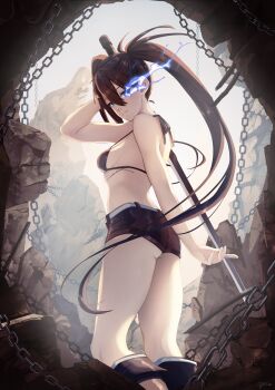 absurdres belt bikini black_hair black_rock_shooter black_rock_shooter_(character) black_shorts blue_eyes blue_fire chain commentary cyan_paint english_commentary fire flaming_eye front-tie_bikini_top front-tie_top highres long_hair no_shirt scar shorts swimsuit sword thighs twintails uneven_twintails weapon