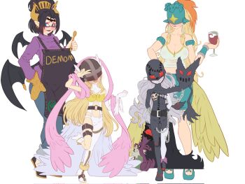 Rule 34 | 2girls, alternate costume, angewomon, artist name, bare shoulders, bat tattoo, bat wings, black hair, blonde hair, breasts, cheeso art, cleavage, covered eyes, demon, demon girl, demon horns, demon wings, digimon, digimon (creature), eyeshadow, facial mark, forehead mark, forehead tattoo, hair ornament, helmet, helmet over eyes, highres, horns, ladydevimon, large breasts, lilithmon, long hair, looking at viewer, makeup, multiple girls, multiple wings, navel, ofanimon, pointy ears, purple eyeshadow, purple lips, short hair, smile, tattoo, wings