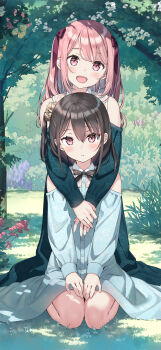2girls 5_nenme_no_houkago absurdres aqua_dress bare_shoulders bow bowtie bush clothes_lift collar day dress flower grass green_dress hair_ornament hair_ribbon hair_scrunchie highres hug hug_from_behind kantoku kneeling kurumi_(kantoku) light_blush long_hair looking_at_viewer medium_hair multiple_girls on_grass one_side_up open_mouth outdoors petite pink_eyes pink_flower pink_hair ribbon scrunchie shizuku_(kantoku) skirt skirt_lift smile striped_clothes striped_scrunchie tree two_side_up