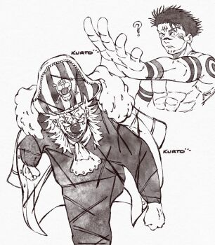 2boys ? arm_tattoo artist_name ascot black_hair blank_eyes buggy_the_clown clown clown_nose commentary confused devil_fruit_power english_commentary facial_mark facial_tattoo fushiguro_megumi greyscale grin hat highres jujutsu_kaisen kurrrto long_hair monochrome multiple_boys narrowed_eyes one_piece onesie pirate_hat ryoumen_sukuna_(jujutsu_kaisen) short_hair shoulder_tattoo slashing smile striped_hat tattoo toned toned_male upper_body walking white_background