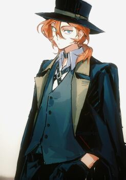 1boy belt_collar black_coat black_pants blue_eyes bungou_stray_dogs buttons closed_mouth coat collar collared_shirt commentary fedora hand_in_pocket hat highres looking_at_viewer male_focus nakahara_chuuya_(bungou_stray_dogs) narcissus_curse orange_hair pants shirt short_hair simple_background solo symbol-only_commentary vest waistcoat white_background white_shirt