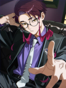 1boy belt black-framed_eyewear black_belt black_jacket black_pants collared_shirt commentary_request corbeau_(pokemon) glasses highres indoors jacket long_sleeves male_focus necktie nintendo nnntuume open_clothes open_jacket pants parted_lips pokemon pokemon_legends:_z-a purple_shirt round_eyewear shirt short_hair sitting solo white_necktie