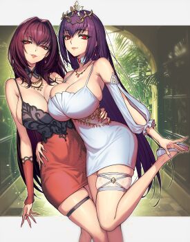 2girls absurdres bare_shoulders black_dress breasts cleavage detached_collar detached_sleeves dress dynamitenatalia earrings fate/grand_order fate_(series) hair_between_eyes high_heels highres jewelry large_breasts long_hair looking_at_viewer multiple_girls necklace purple_hair red_dress red_eyes scathach_(fate) scathach_skadi_(fate) smile thigh_strap thighs tiara two-tone_dress white_dress