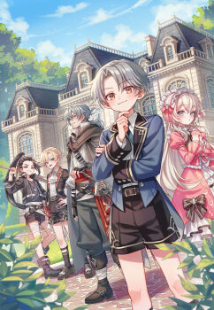 2girls 3boys :d absurdres ascot bandaged_leg bandages black_hair black_jacket black_shirt black_shorts black_socks blonde_hair blue_eyes blue_jacket blush boots brown_boots brown_scarf building closed_mouth cloud collared_shirt commentary_request day dress feet_out_of_frame frilled_hairband frilled_sleeves frills green_hair green_pants grey_hair hairband highres jacket juliet_sleeves leaf legwear_garter long_hair long_sleeves looking_at_viewer multiple_boys multiple_girls open_clothes open_jacket open_mouth original outdoors own_hands_clasped own_hands_together pants parted_bangs pink_dress ponytail puffy_sleeves scarf shirt short_hair shorts smile socks standing suzaku_(zaku6584) white_ascot white_hairband white_shirt yellow_eyes