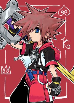 Rule 34 | 1boy, 1her0, arm up, belt, big hair, black gloves, black jacket, blue belt, blue eyes, brown hair, card, card background, chain, chain necklace, cowboy shot, crown, crown (symbol), crown necklace, expressionless, fingerless gloves, gloves, highres, holding, holding weapon, hood, hood down, hooded jacket, jacket, jewelry, keyblade, king (playing card), king of spades, kingdom hearts, kingdom hearts 3d: dream drop distance, male focus, necklace, open clothes, open jacket, over shoulder, playing card, profile, red background, red hood, red jacket, red shorts, short hair, short sleeves, shorts, solo, sora (kingdom hearts), spade (shape), spiked hair, sword, sword over shoulder, weapon, weapon over shoulder, wristband