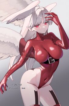 1girl angel_wings breasts final_fantasy final_fantasy_tactics gloves grey_hair head_wings highleg highleg_leotard highres large_breasts leotard long_hair looking_at_viewer mashita_(kuzsat) multiple_wings red_eyes red_leotard red_thighhighs seraph solo thighhighs thong_leotard ultima_(fft) white_hair wings