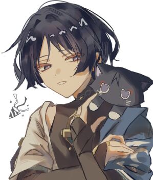 1boy animal animal_on_shoulder animalization armor black_bodysuit black_bridal_gauntlets black_hair blue_cape blue_sleeves blunt_ends bodysuit bridal_gauntlets bright_pupils cape cat cat_on_shoulder choppy_bangs eyeliner genshin_impact gold_ring hair_intakes hand_on_own_arm hands_up hashtag-only_commentary highres japanese_armor japanese_clothes kimono kote kurokote layered_sleeves looking_at_animal makeup male_focus mandarin_collar middle_ring mo362335 open_clothes open_kimono open_mouth party_popper person_and_animalization portrait purple_eyes red_eyeliner scaramouche_(cat)_(genshin_impact) scaramouche_(genshin_impact) short_sleeves shoulder_peek solo tsurime wanderer_(genshin_impact) white_background white_kimono white_mouth white_pupils white_sleeves white_trim