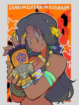 absurdres bikini border commentary dark-skinned_female dark_skin fingerless_gloves floral_print floral_print_bikini gloves highres long_hair miary_zo print_bikini pyoko_(sandwicha) swimsuit tekken tekken_8 yellow_nails