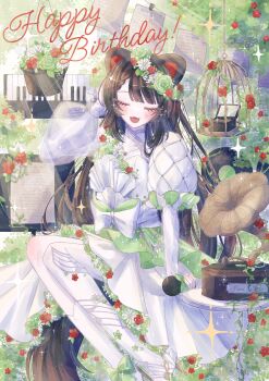 1girl :d alternate_costume animal_ears ankle_bow ankle_ribbon arm_up asymmetrical_bangs asymmetrical_pantyhose asymmetrical_sleeves birdcage blush bow braid braided_bangs brown_hair brown_tail cage character_name closed_eyes collared_dress commentary_request dog_ears dog_girl dog_tail dress dress_bow dress_flower english_text eyelashes fangs flower flower_wreath foot_out_of_frame green_bow green_flower hair_flower hair_ornament hand_on_own_head hanging_plant happy_birthday head_wreath high_heels highres holding holding_microphone ihitoyo instrument inui_toko jewelry juliet_sleeves keyboard_(instrument) long_hair long_sleeves making-of_available mandarin_collar microphone music_box musical_note musical_note_print necklace nijisanji open_mouth pantyhose paper phonograph plant potted_plant print_pantyhose puffy_long_sleeves puffy_sleeves quilted_clothes red_flower ribbon see-through_sleeve_layer short_dress sitting smile solo sparkle table tail too_many_flowers variant_set very_long_hair vines virtual_youtuber white_bow white_dress white_flower white_pantyhose