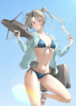 1girl absurdres bad_anatomy beach bikini blue_bikini blue_jacket bow_(weapon) breasts commentary_request crossbow feet_out_of_frame food front-tie_bikini_top front-tie_top full_body green_eyes grey_hair halterneck highres hood hooded_jacket horizon jacket jacket_over_swimsuit kantai_collection long_hair looking_at_viewer ocean official_alternate_hairstyle open_mouth ponytail popsicle ribbon shushan side-tie_bikini_bottom small_breasts smile solo string_bikini swimsuit watermark weapon white_ribbon zuikaku_(kancolle) zuikaku_(swimsuit)_(kancolle) zuikaku_kai_ni_(kancolle)